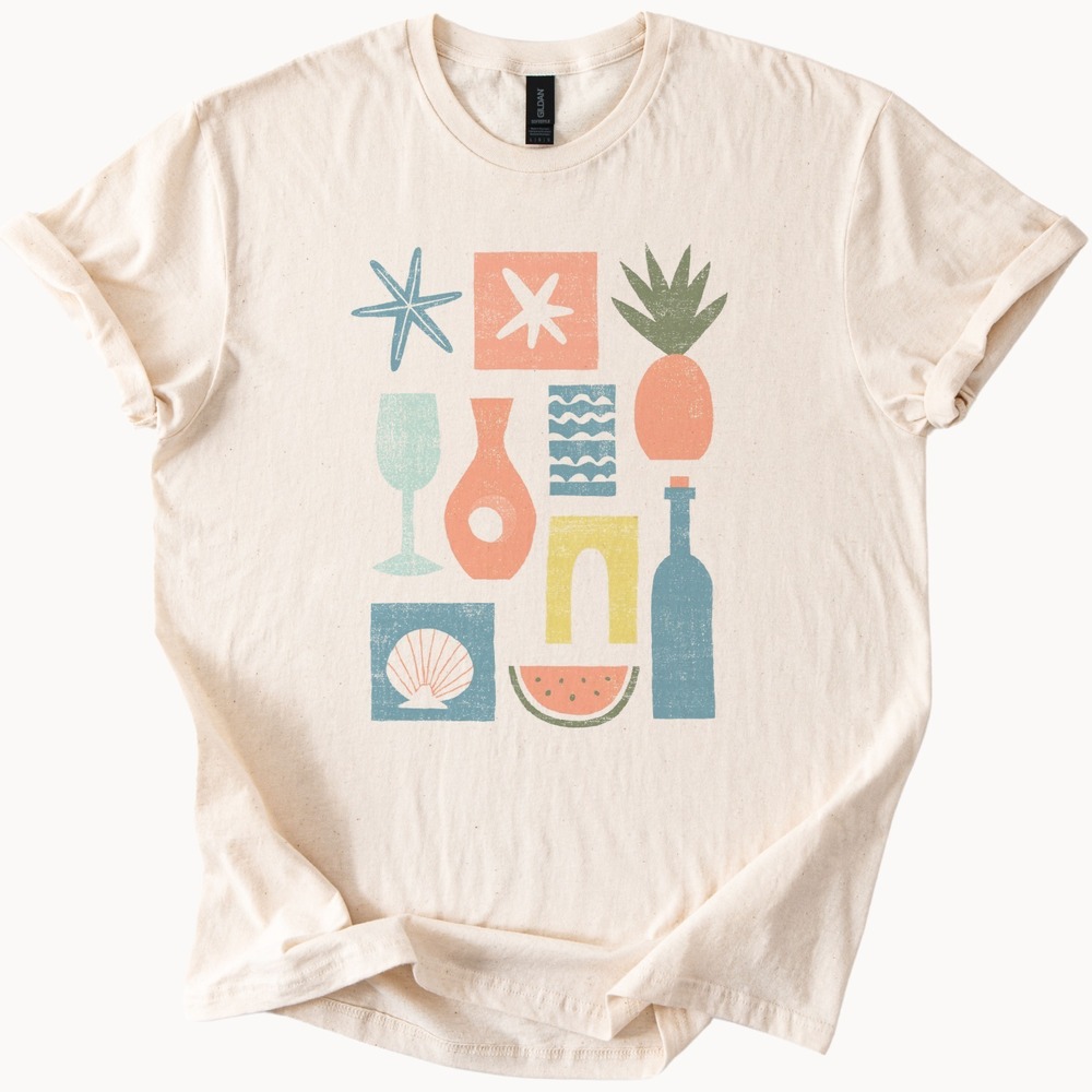 Retro Block Print Summer Boho Linocut Style Tee
